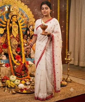 white cotton thread work embroidered saree 1