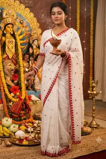 white cotton thread work embroidered saree