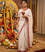 white cotton thread work embroidered saree