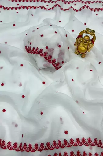 white cotton thread work embroidered saree
