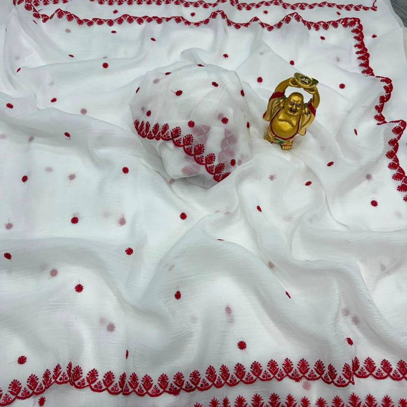 white cotton thread work embroidered saree
