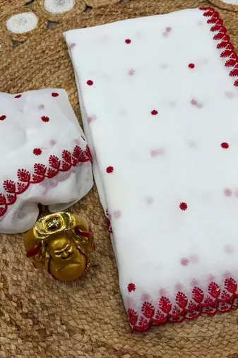 white cotton thread work embroidered saree