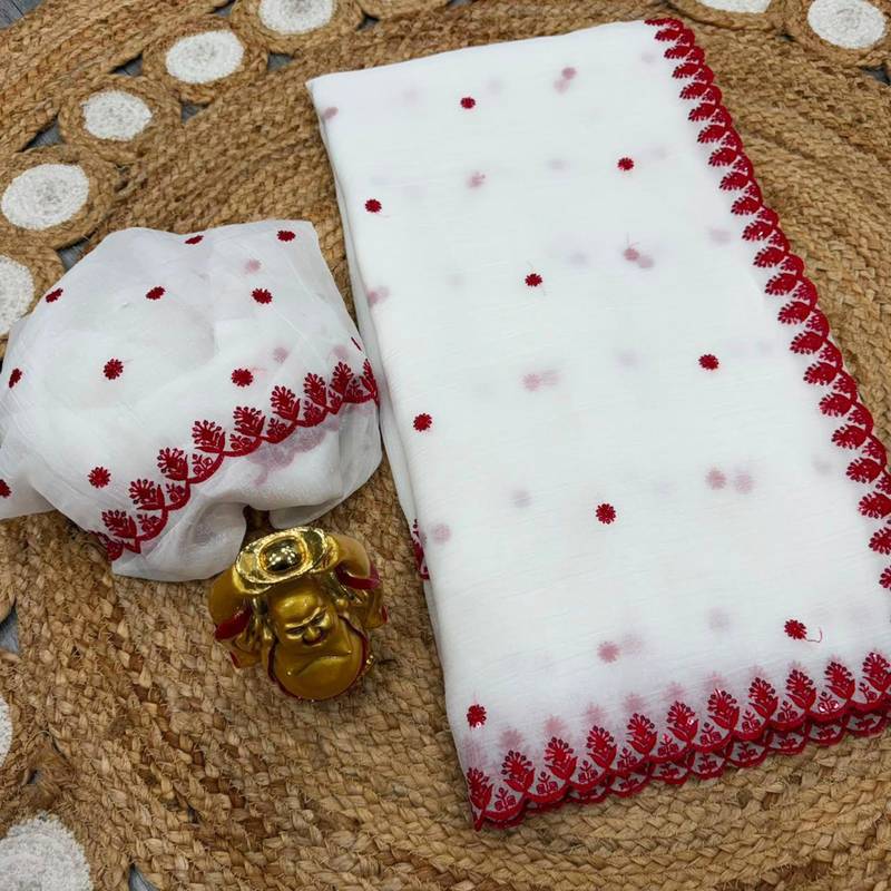 white cotton thread work embroidered saree