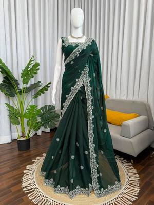 Dark-green silk blend beads embroidered saree 1