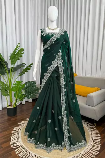 Dark-green silk blend beads embroidered saree