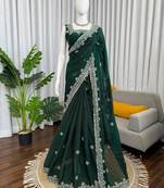 Dark-green silk blend beads embroidered saree