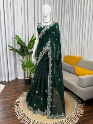 Dark-green silk blend beads embroidered saree 2