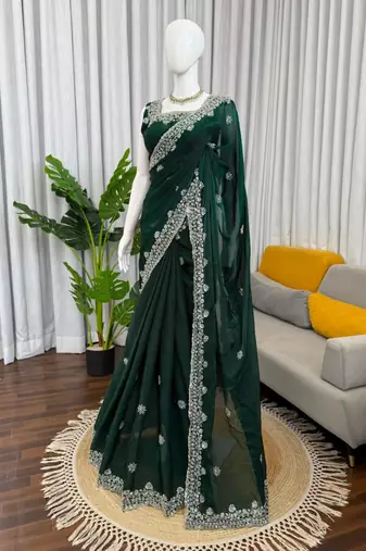 Dark-green silk blend beads embroidered saree