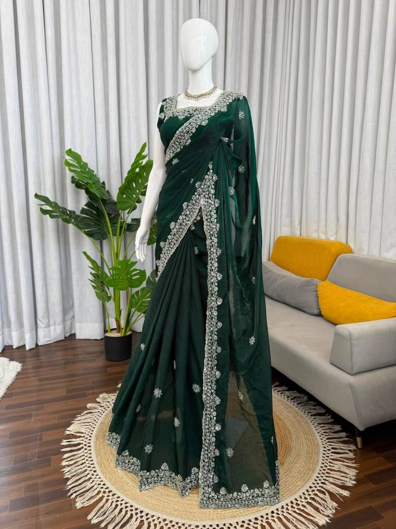 Dark-green silk blend beads embroidered saree