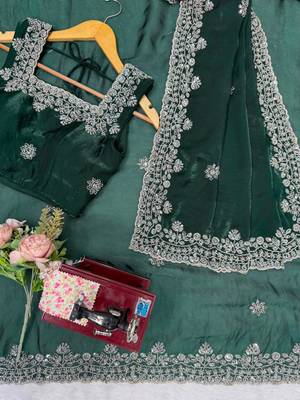 Dark-green silk blend beads embroidered saree 3