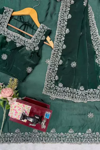 Dark-green silk blend beads embroidered saree