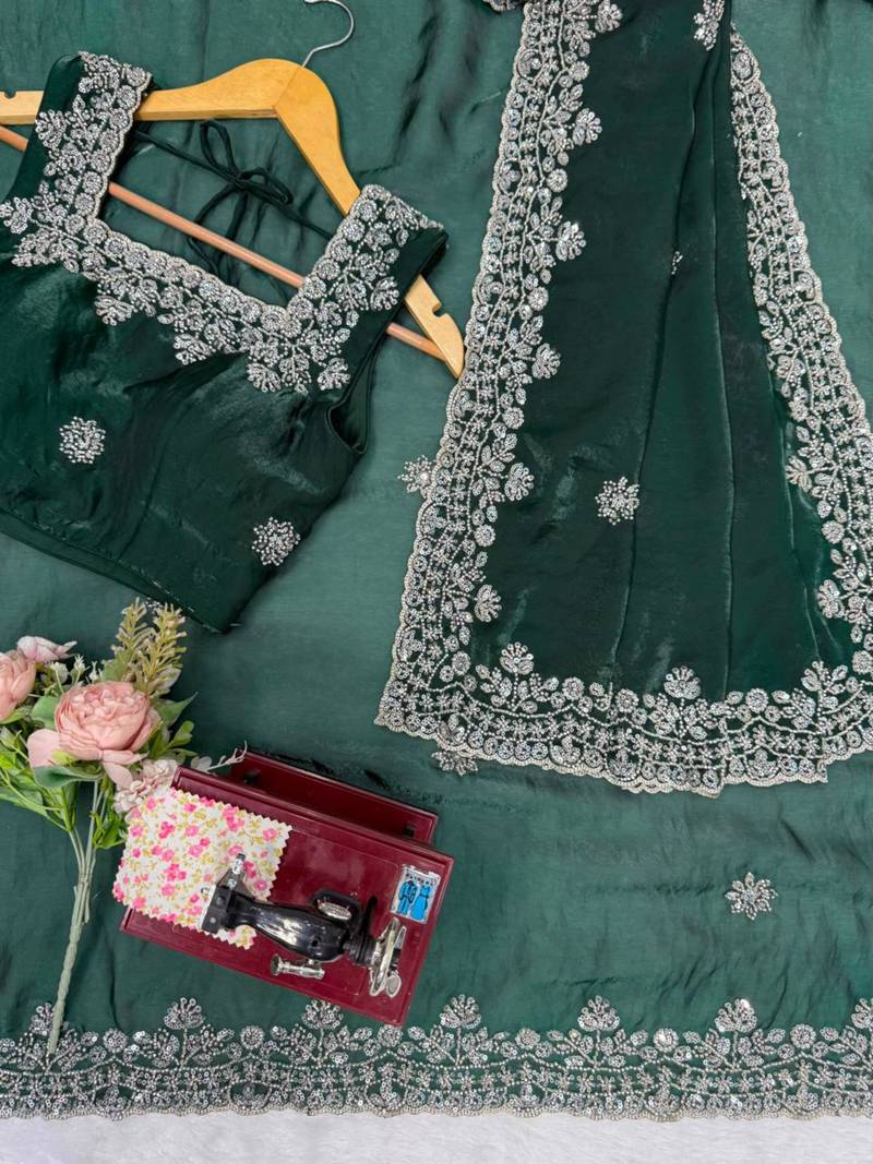 Dark-green silk blend beads embroidered saree