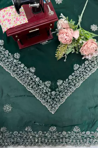 Dark-green silk blend beads embroidered saree