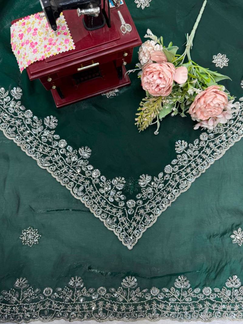 Dark-green silk blend beads embroidered saree