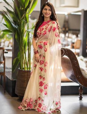 cream silk blend floral printed saree 1