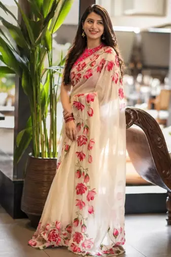 cream silk blend floral printed saree