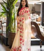 cream silk blend floral printed saree