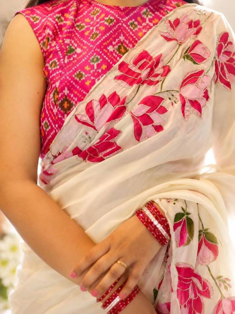 cream silk blend floral printed saree