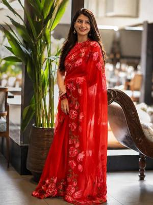 red silk blend floral printed saree 1