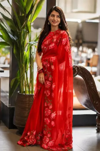 red silk blend floral printed saree