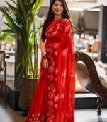 red silk blend floral printed saree