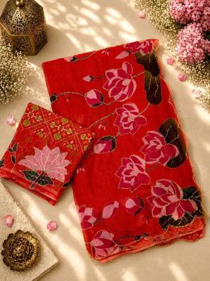 red silk blend floral printed saree 2