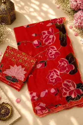 red silk blend floral printed saree