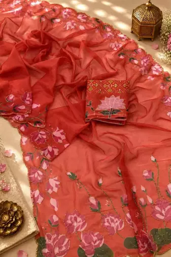 red silk blend floral printed saree