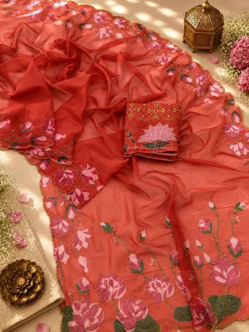 red silk blend floral printed saree