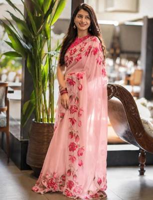 pink silk blend floral printed saree 1