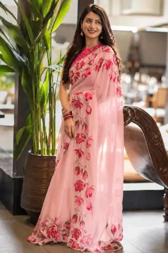 pink silk blend floral printed saree
