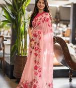 pink silk blend floral printed saree