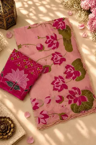 pink silk blend floral printed saree