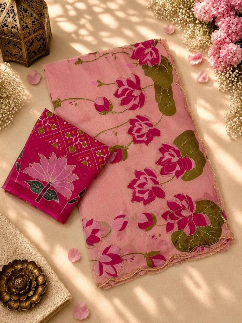 pink silk blend floral printed saree