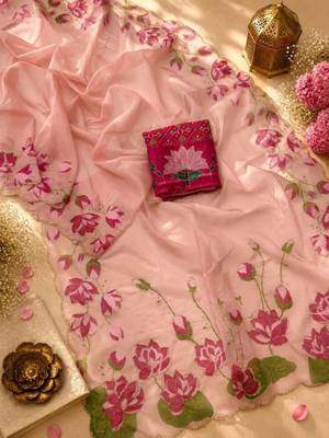 pink silk blend floral printed saree 3