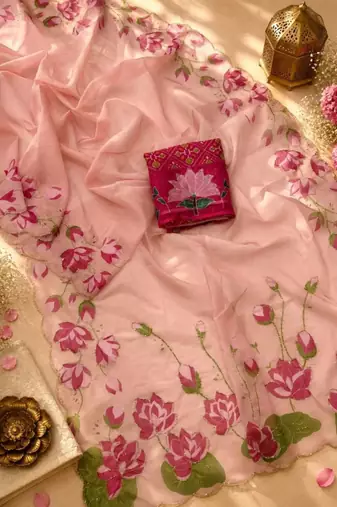 pink silk blend floral printed saree
