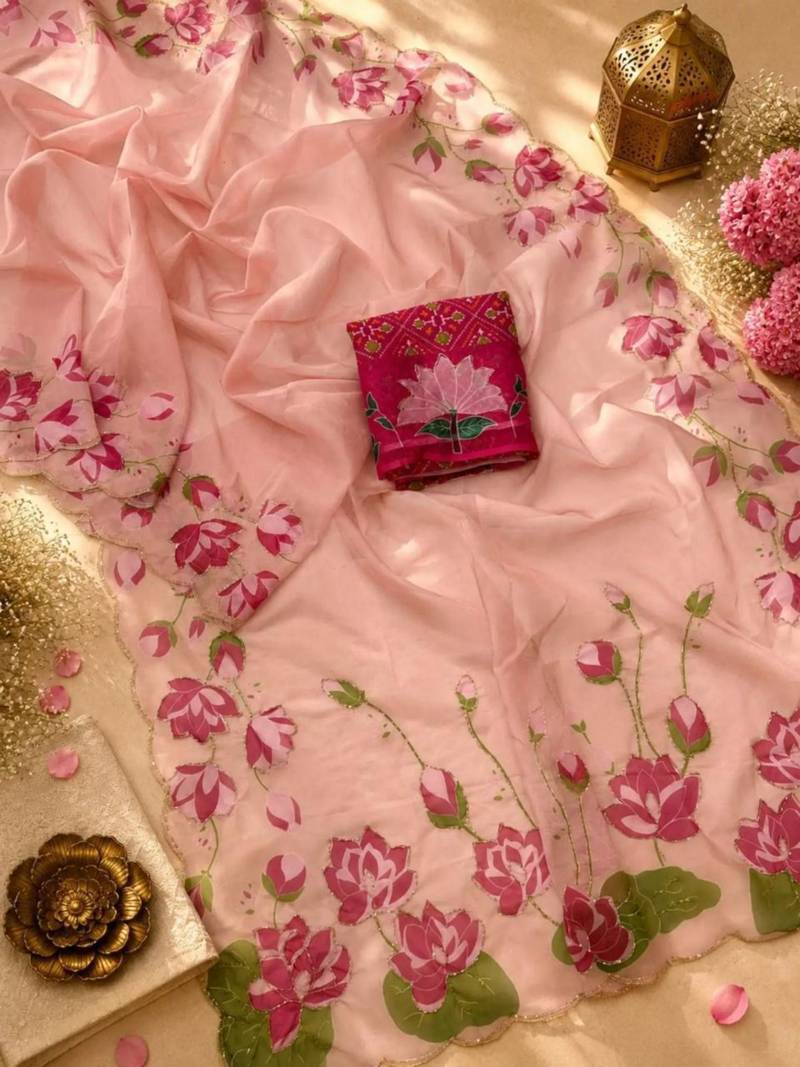 pink silk blend floral printed saree