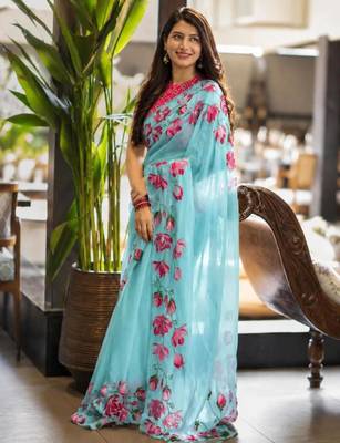 light-blue silk blend floral printed saree 1