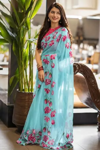 light-blue silk blend floral printed saree