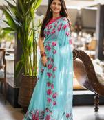 light-blue silk blend floral printed saree