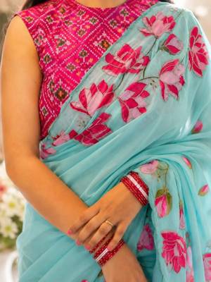 light-blue silk blend floral printed saree 2