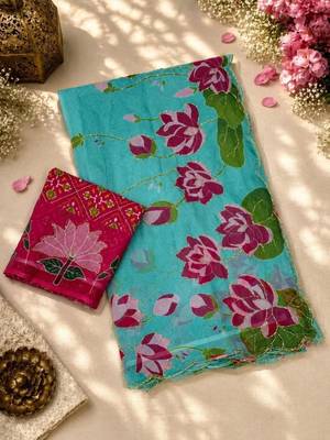 light-blue silk blend floral printed saree 3