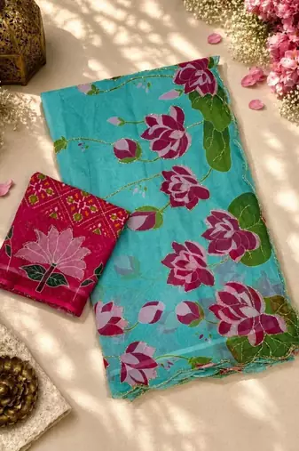 light-blue silk blend floral printed saree