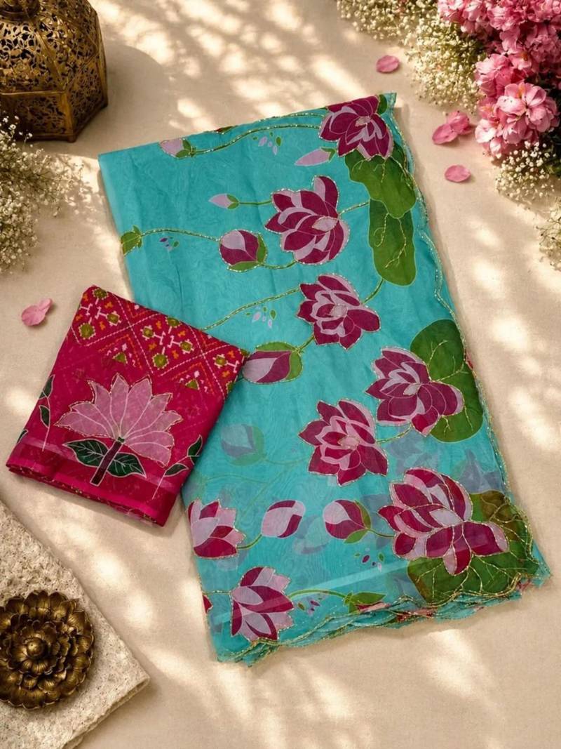 light-blue silk blend floral printed saree