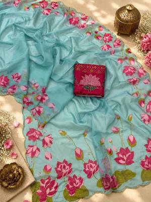 light-blue silk blend floral printed saree 4
