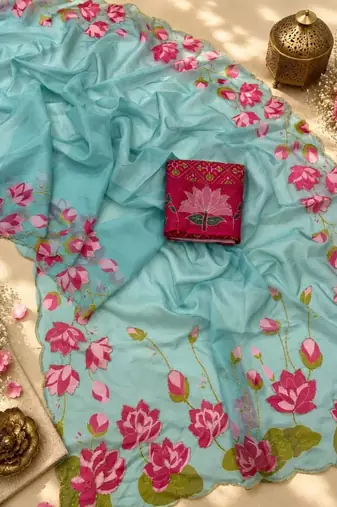 light-blue silk blend floral printed saree