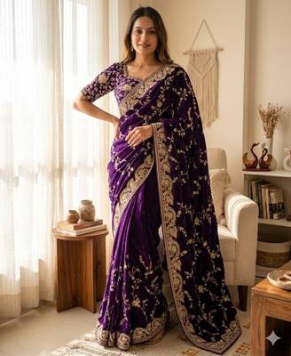 Dark-purple silk blend zari work embroidered saree 1