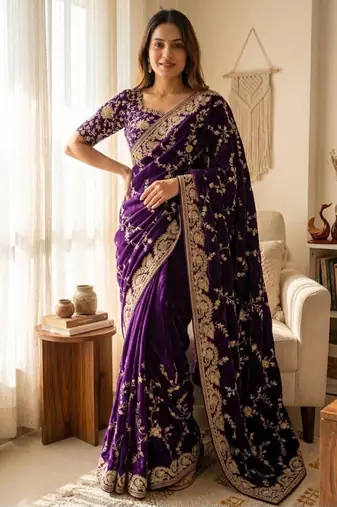 Dark-purple silk blend zari work embroidered saree