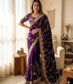 Dark-purple silk blend zari work embroidered saree