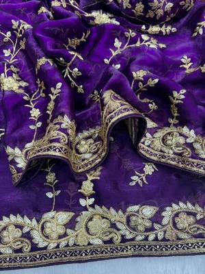 Dark-purple silk blend zari work embroidered saree 2